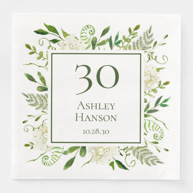 30th Birthday White Hydrangeas Paper Dinner Napkins (Front)