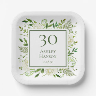 30th Birthday White Hydrangeas Paper Plates