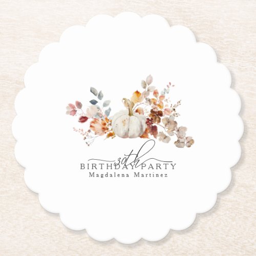 30th Birthday White Pumpkin Fall Flowers Custom Paper Coaster