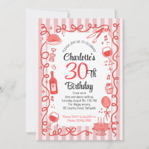 30th birthday Wine and dine hand drawn Invitation