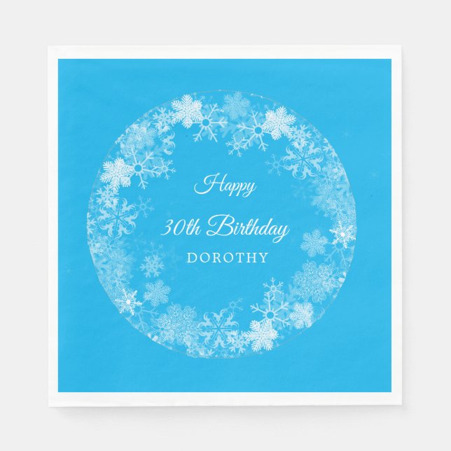 30th Birthday Winter Wonderland Snowflake Blue Napkins (Front)