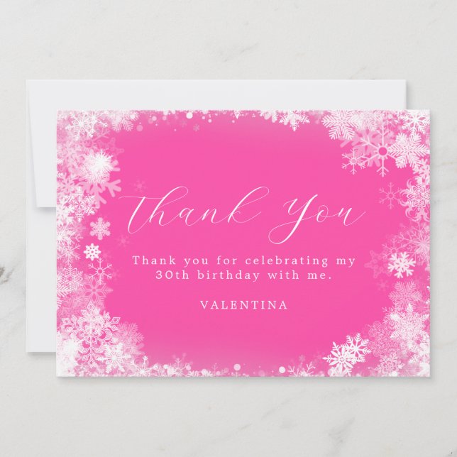 30th Birthday Winter Wonderland Snowflake Pink Thank You Card (Front)