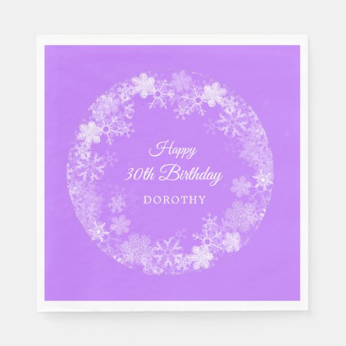 30th Birthday Winter Wonderland Snowflake Purple Napkins