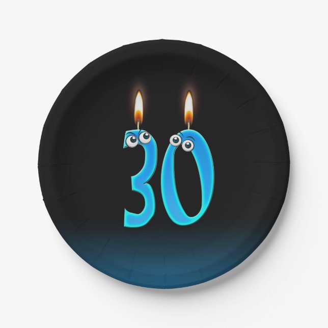 30th Birthday with lit candle numbers Paper Plates (Front)