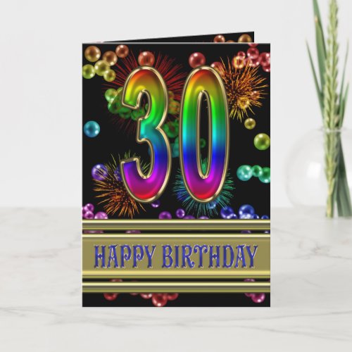30th Birthday with rainbow bubbles and fireworks Card