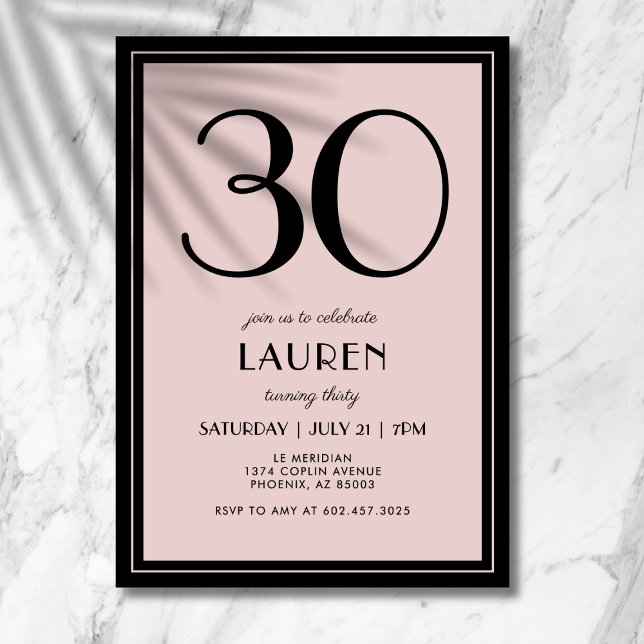30th Birthday Women's Modern Minimal Black Pink Invitation (A chic black and pink invitation that blends modern minimal design with elegance.)