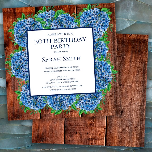 30th Birthday Wood Blue Hydrangeas Rustic Party Invitation (Creator Uploaded)