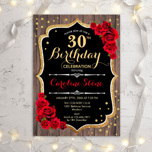 30th Birthday - Wood Red Roses Invitation
