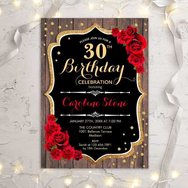 30th Birthday - Wood Red Roses Invitation (Creator Uploaded)