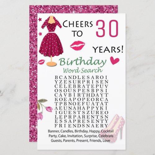 30th Birthday Word Search Game