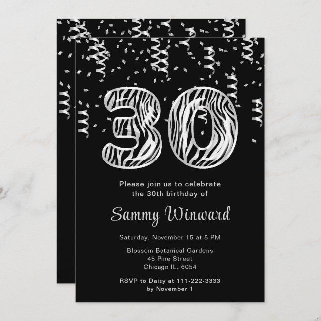 30th Birthday Zebra Print Balloons with Confetti Invitation (Front/Back)