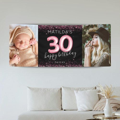 30th Black Pink Happy Birthday Photo Banner