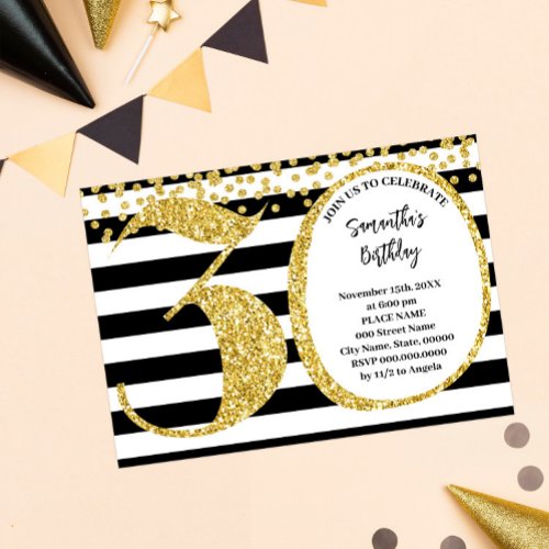 30th Black White and Gold Glitter Modern Birthday Invitation