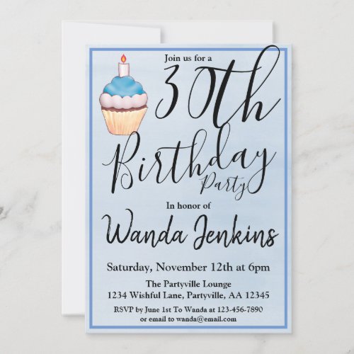 30th Blue Cupcake Birthday Party Invitation