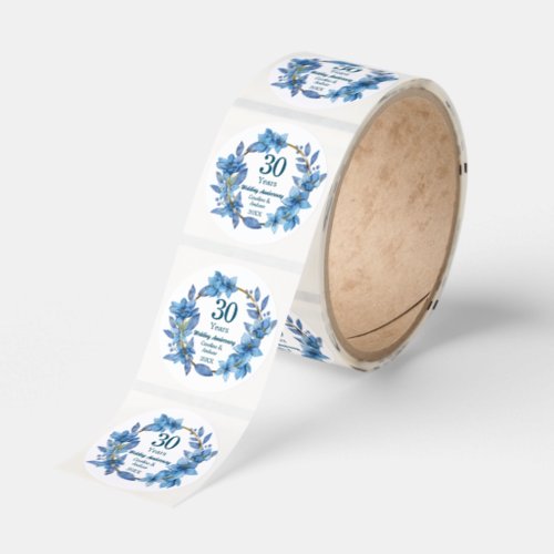30th Blue Floral Pearl Wedding Anniversary Classic Round Sticker