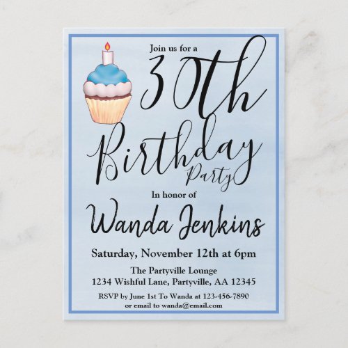 30th Blue Watercolor Cupcake Birthday Invitation Postcard