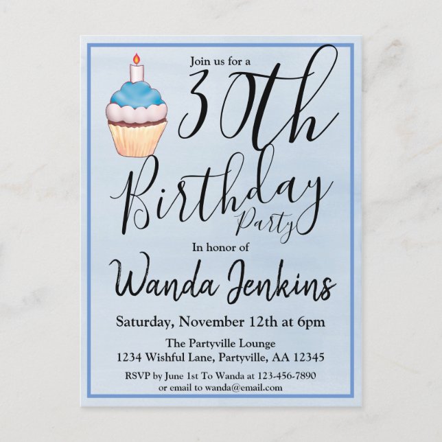 30th Blue Watercolor Cupcake Birthday Invitation Postcard (Front)