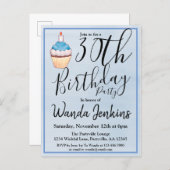 30th Blue Watercolor Cupcake Birthday Invitation Postcard (Front/Back)