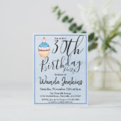 30th Blue Watercolor Cupcake Birthday Invitation Postcard (Standing Front)
