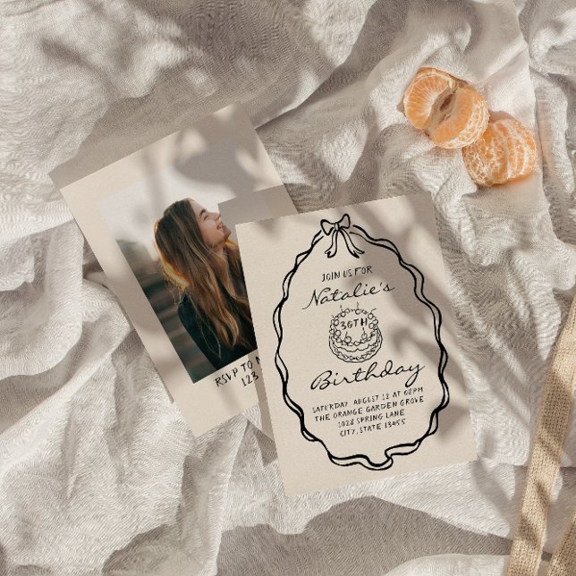 30th Bow Hand Drawn Coquette Photo Birthday Party Invitation (Creator Uploaded)