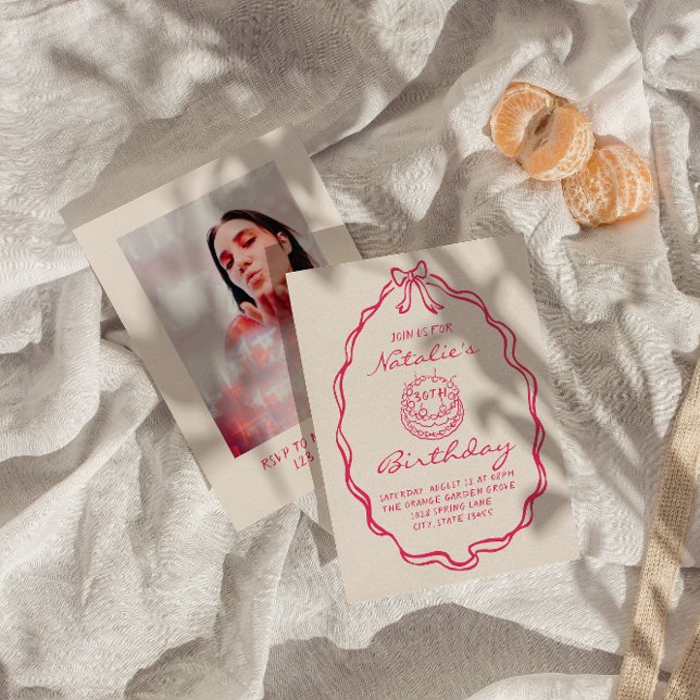 30th Bow Hand Drawn Pink Coquette Photo Birthday Invitation (Creator Uploaded)