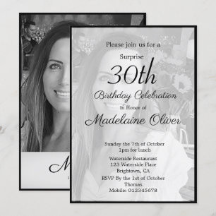 30th Classy Monogram Black White Photo Birthday  Invitation
