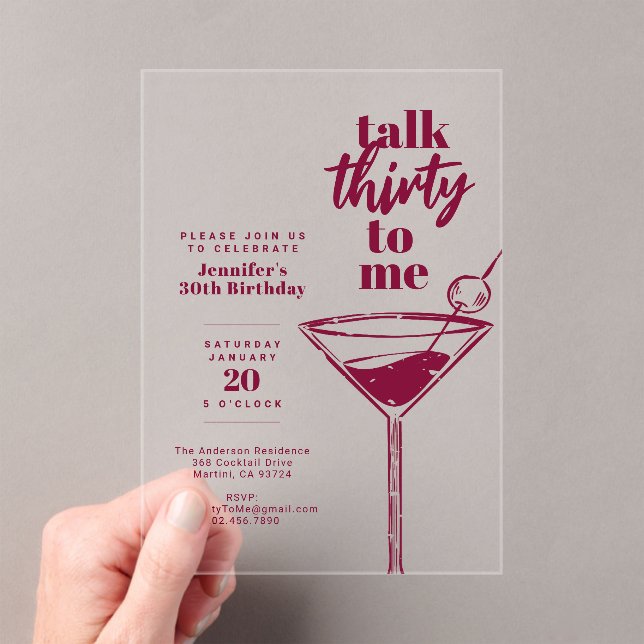 30th Cocktail Birthday Pink Talk Thirty To Me  Acrylic Invitations (Insitu (Handheld))