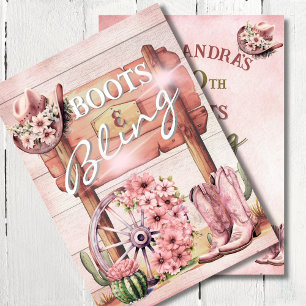 30th Cowgirl Boots Bling Western Pink Brown Invitation