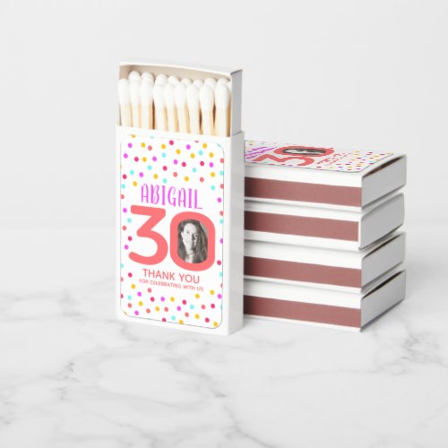 30th custom photo colorful coral confetti birthday matchboxes