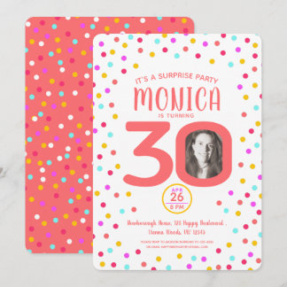 30th custom photo living coral confetti birthday invitation