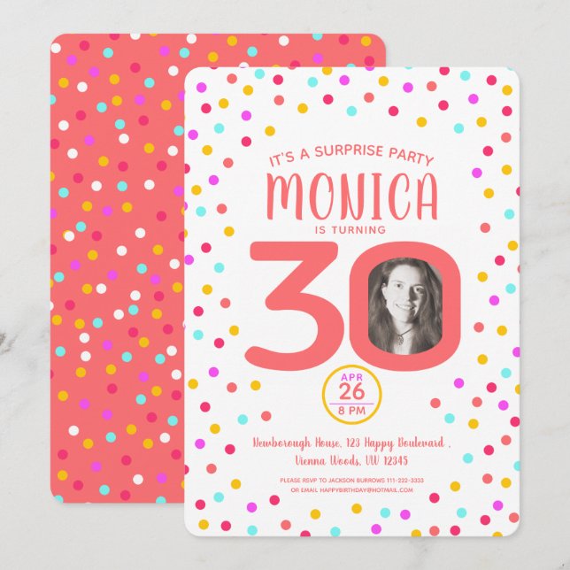30th custom photo living coral confetti birthday invitation (Front/Back)