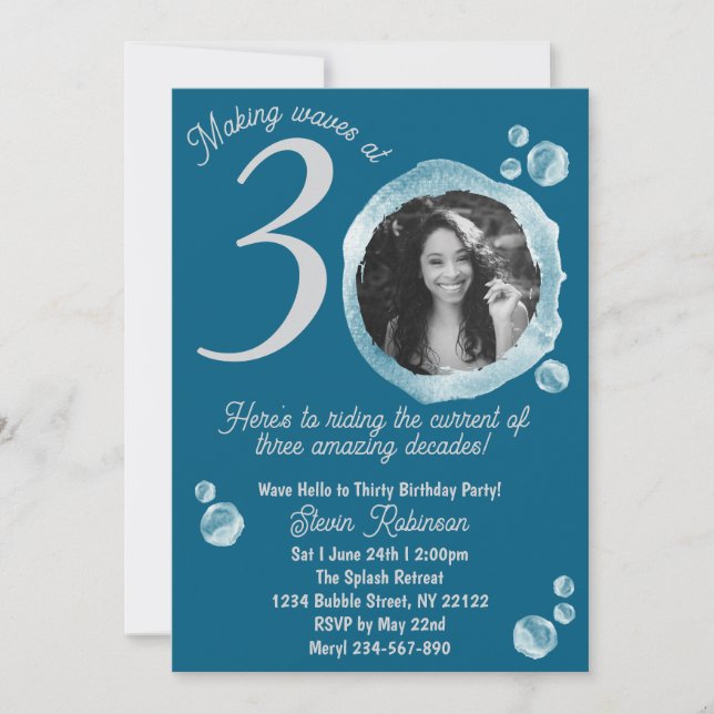 30th Dark Teal Bubbles Birthday Party Invitation (Front)