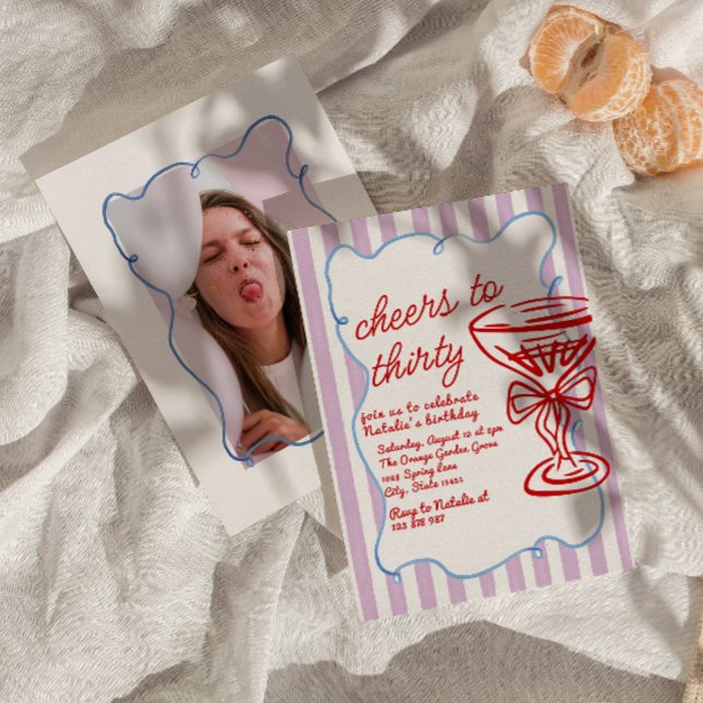 30th Drawn Colorful Champagne Glass Photo Birthday Invitation (Creator Uploaded)