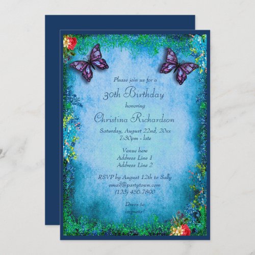 30th Faux Glitter Butterfly  Roses Birthday Invitation