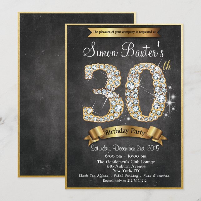 30th Gold Diamond Chalkboard Birthday Invitation (Front/Back)