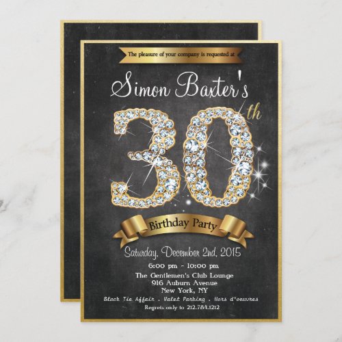 30th Gold Diamond Chalkboard Birthday Invitation