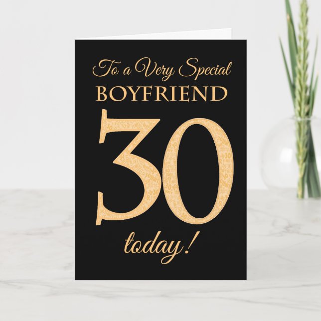 30th Gold-effect on Black for Boyfriend Birthday Card (Front)