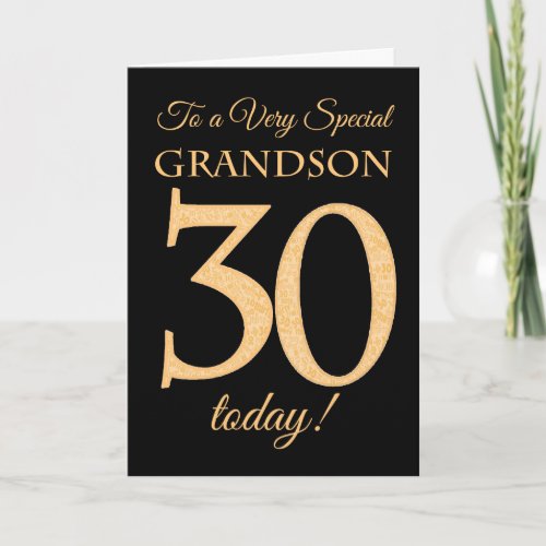 30th Gold_effect on Black for Grandson Birthday Card