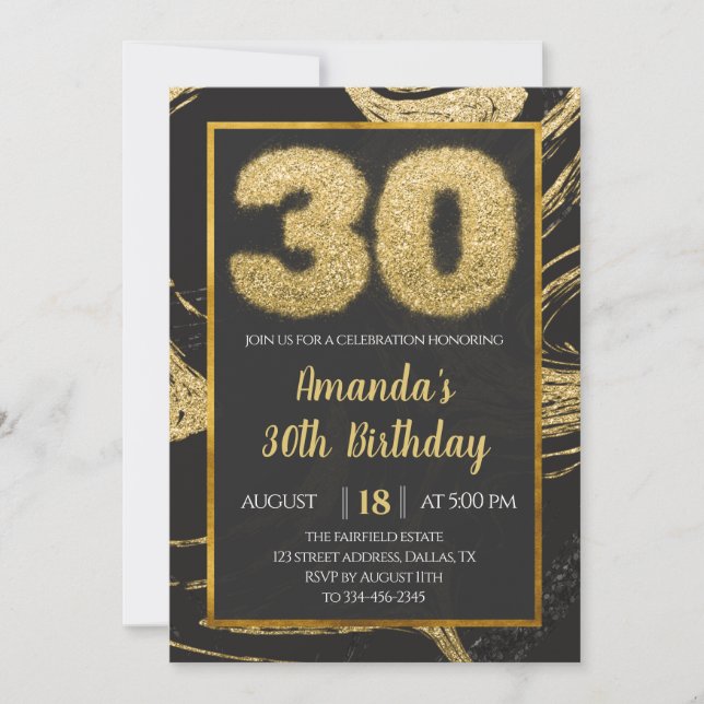 30th Golden Black Marble Birthday Invitation (Front)