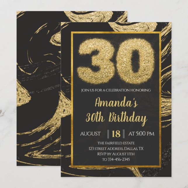 30th Golden Black Marble Birthday Invitation (Front/Back)