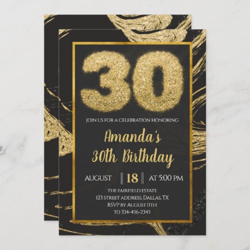 30th Golden Black Marble Birthday Invitation