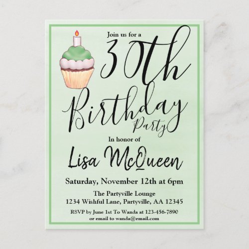 30th Green Watercolor Cupcake Birthday Invitation Postcard