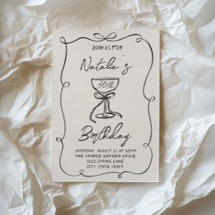 30th Hand Drawn Black & White Bow Martini Birthday Invitation
