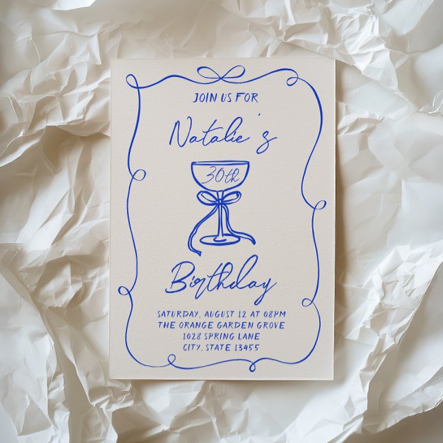 30th Hand Drawn Blue Bow Martini Doddle Birthday Invitation (Creator Uploaded)