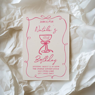 30th Hand Drawn Pink Bow Martini Doddle Birthday  Invitation