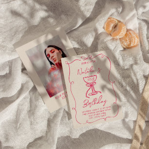 30th Hand Drawn Pink Bow Martini Photo Birthday Invitation