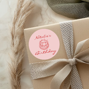 30th Hand Drawn Pink Cake Glass Birthday Party Classic Round Sticker