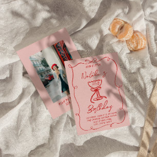 30th Hand Drawn Red Bow Champagne Photo Birthday Invitation