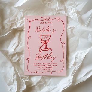 30th Hand Drawn Red Bow Martini Thirty Birthday Invitation