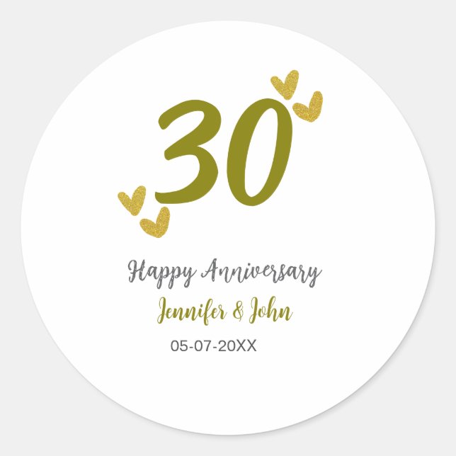 30th happy anniversary golden gray wedding couple  classic round sticker (Front)